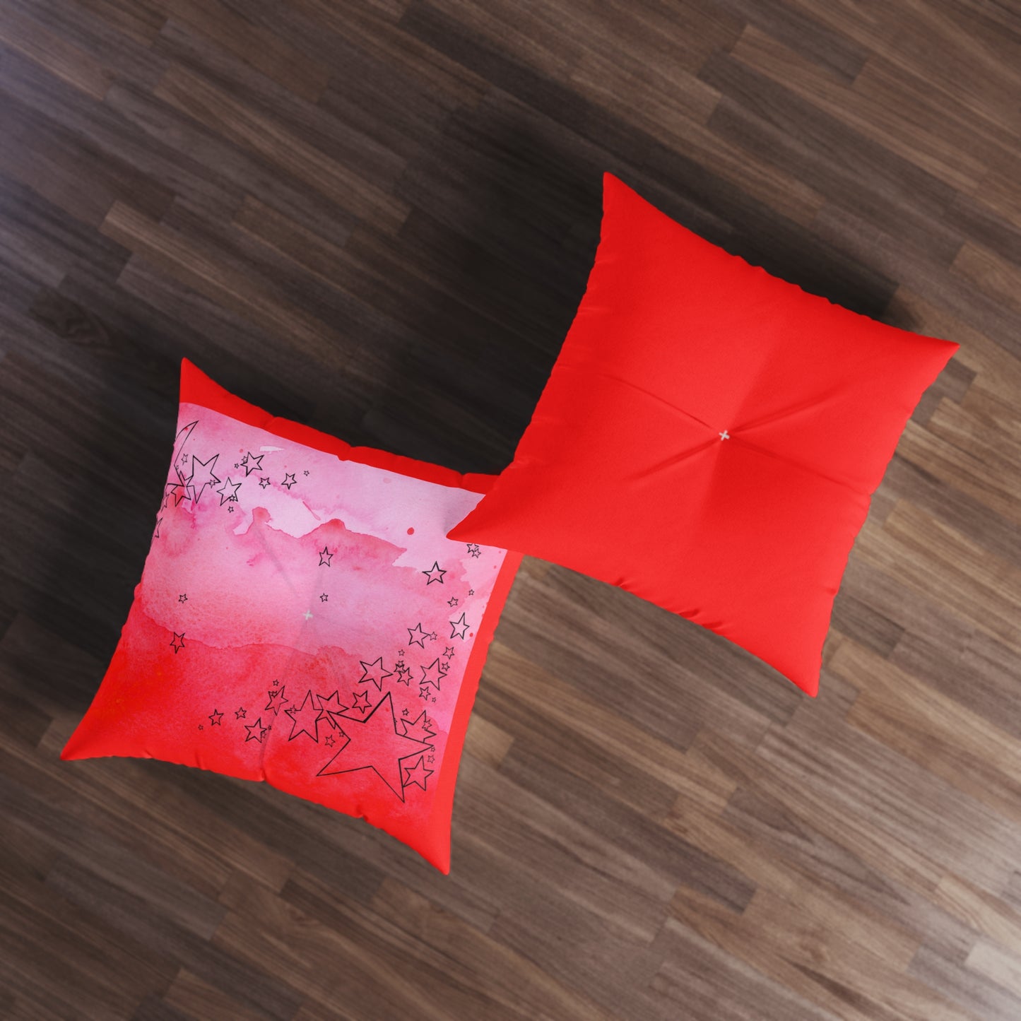 Red Tufted Square Floor Pillow with Star Illustration