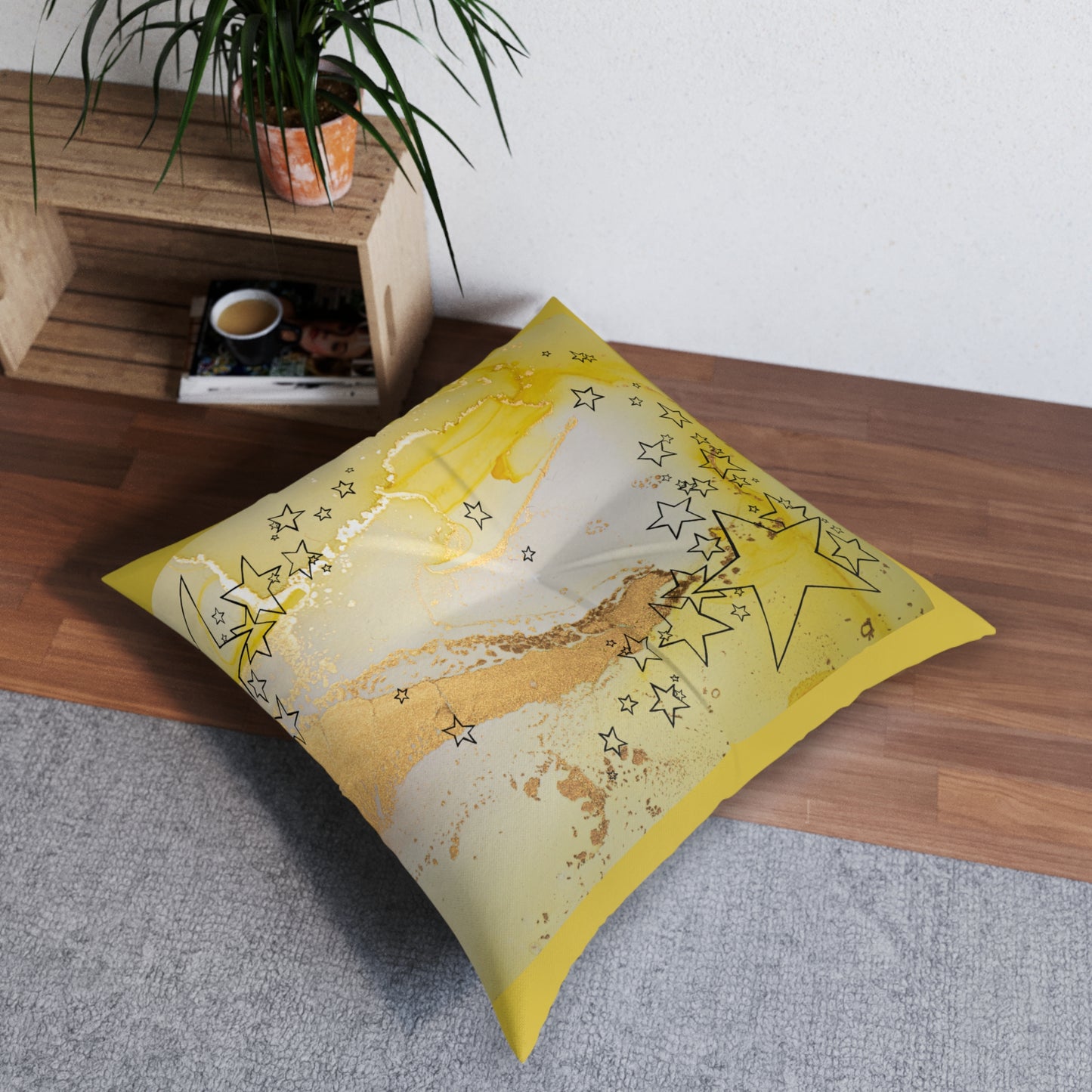 Golden Yellow Tufted Square Floor Pillow with Star Illustration