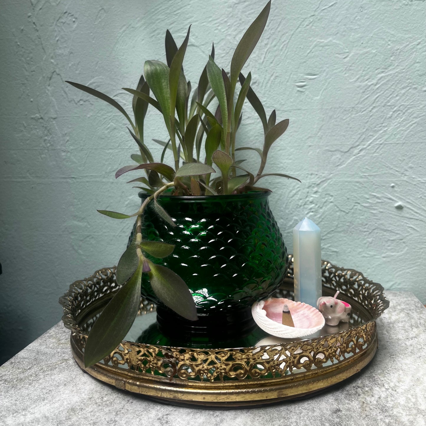 E.O Brody Vintage 1960s Emerald Glass Fish Scale Planter with Purple Heart Plant