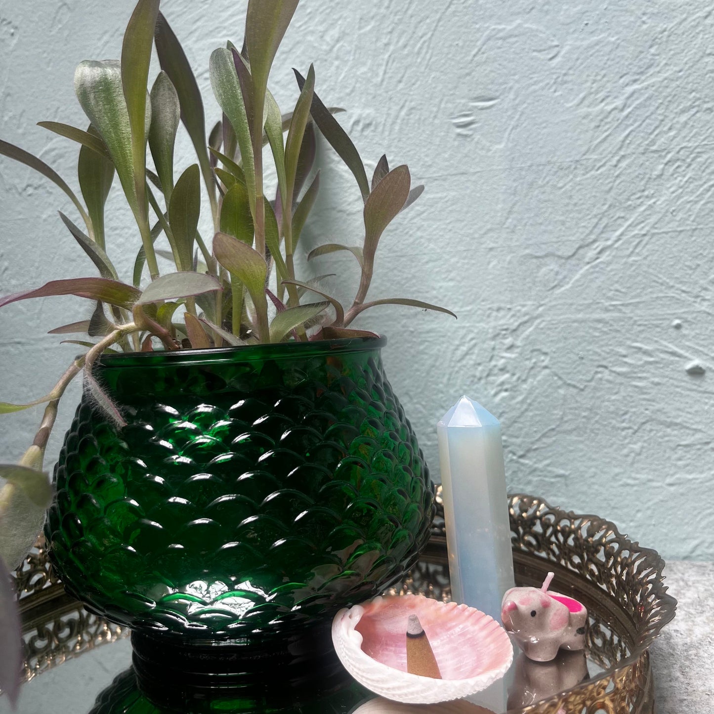 E.O Brody Vintage 1960s Emerald Glass Fish Scale Planter with Purple Heart Plant