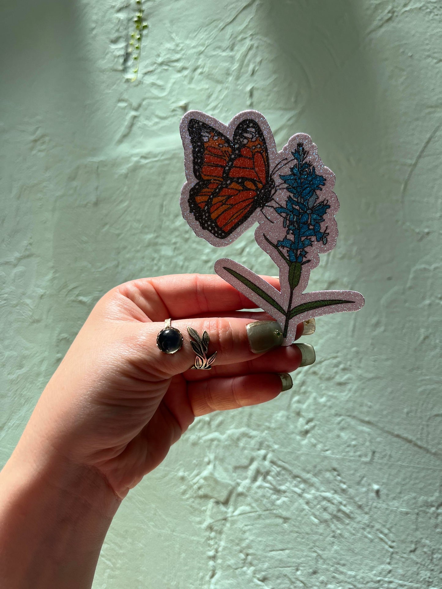 Monarch Butterfly on Blue Flower Glitter Sticker