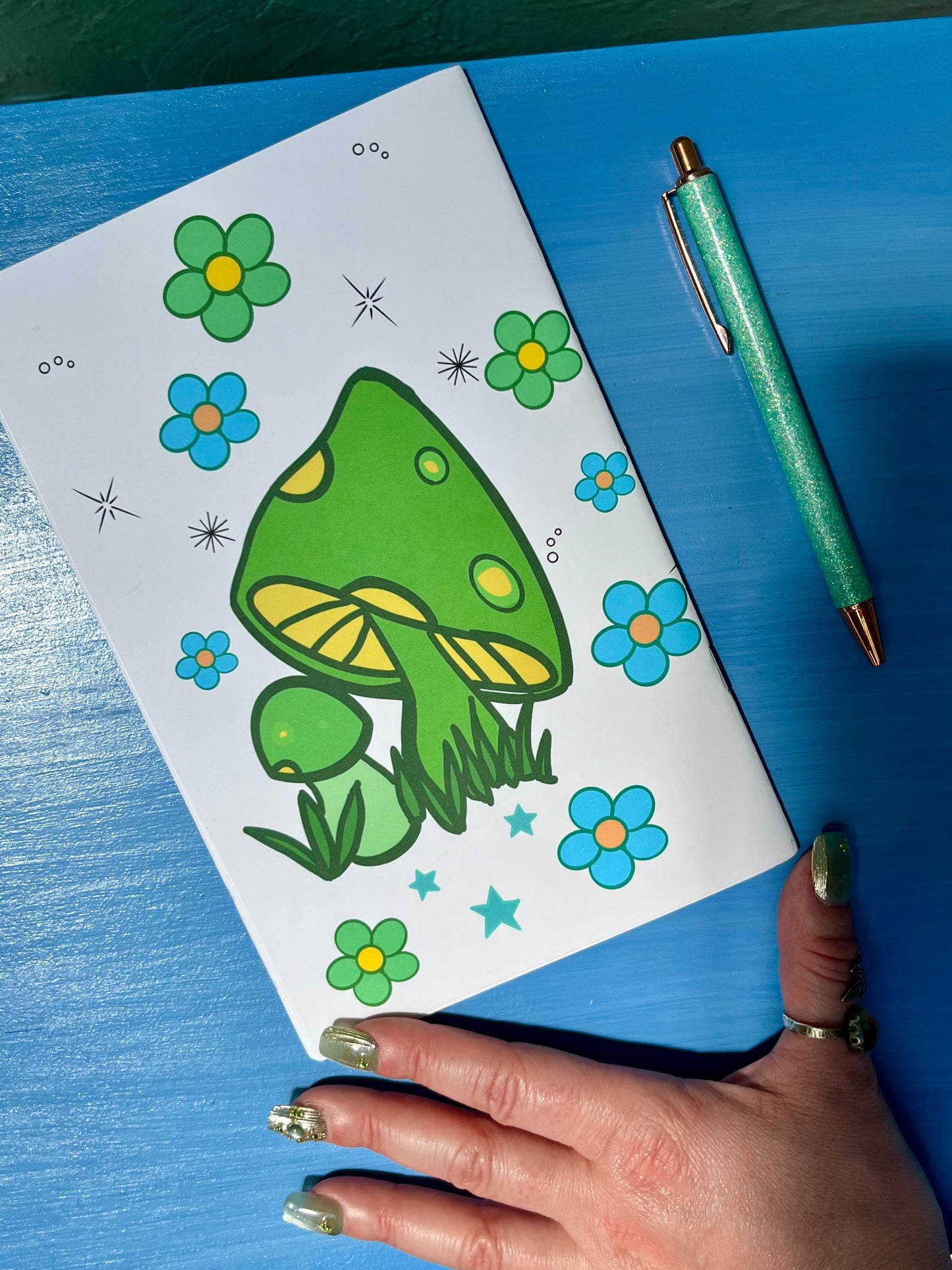 Blue and Green Groovy Shrooms Zine Style Lined Notebook