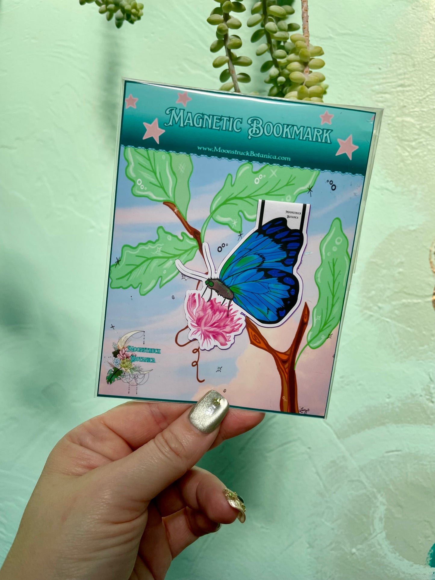 Cerulean Blue Butterfly Resting on a Pink Flower Magnetic Bookmark