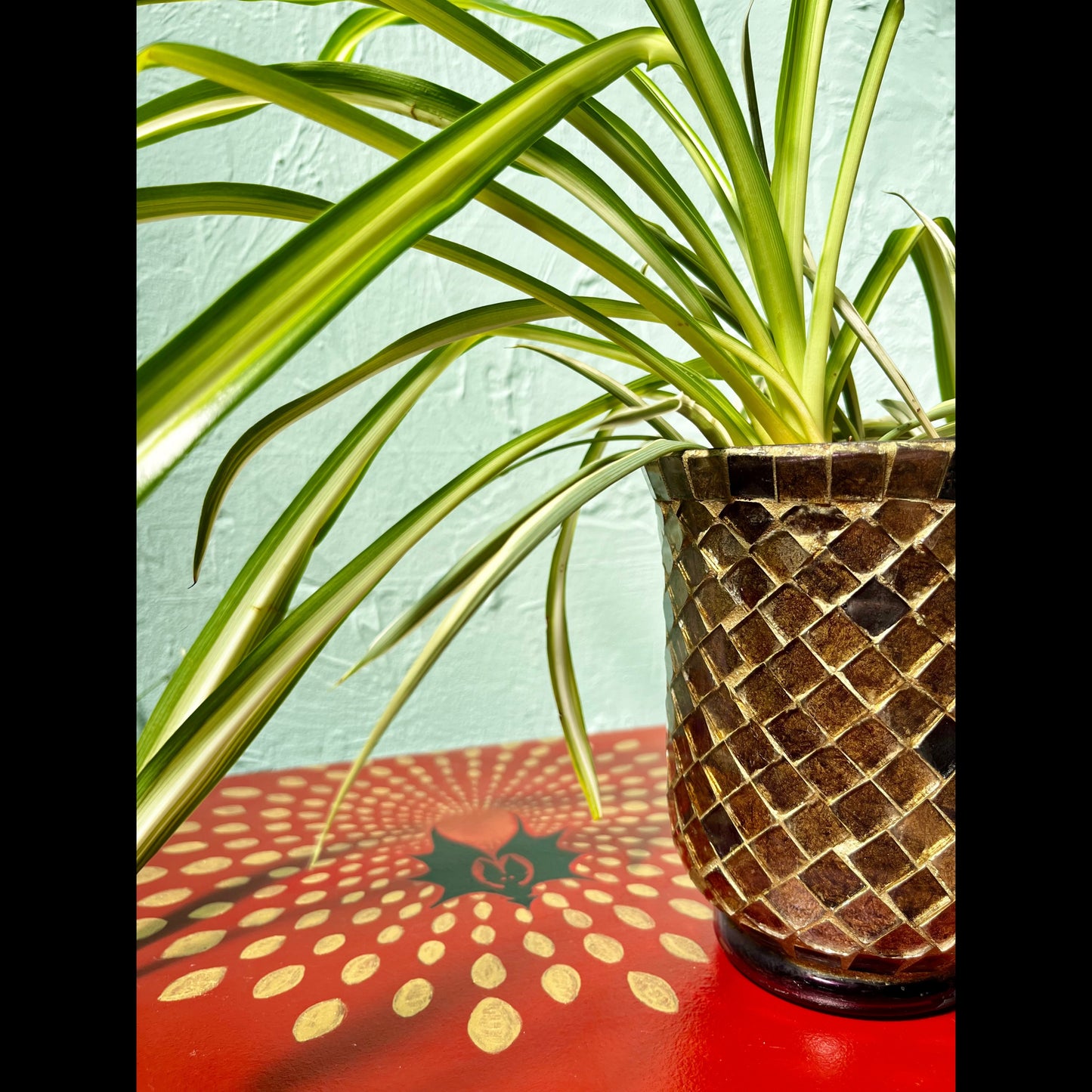 Whimsical Fall Decor: Tall Golden Mosaic Planter & Air-Purifying Spider Plant