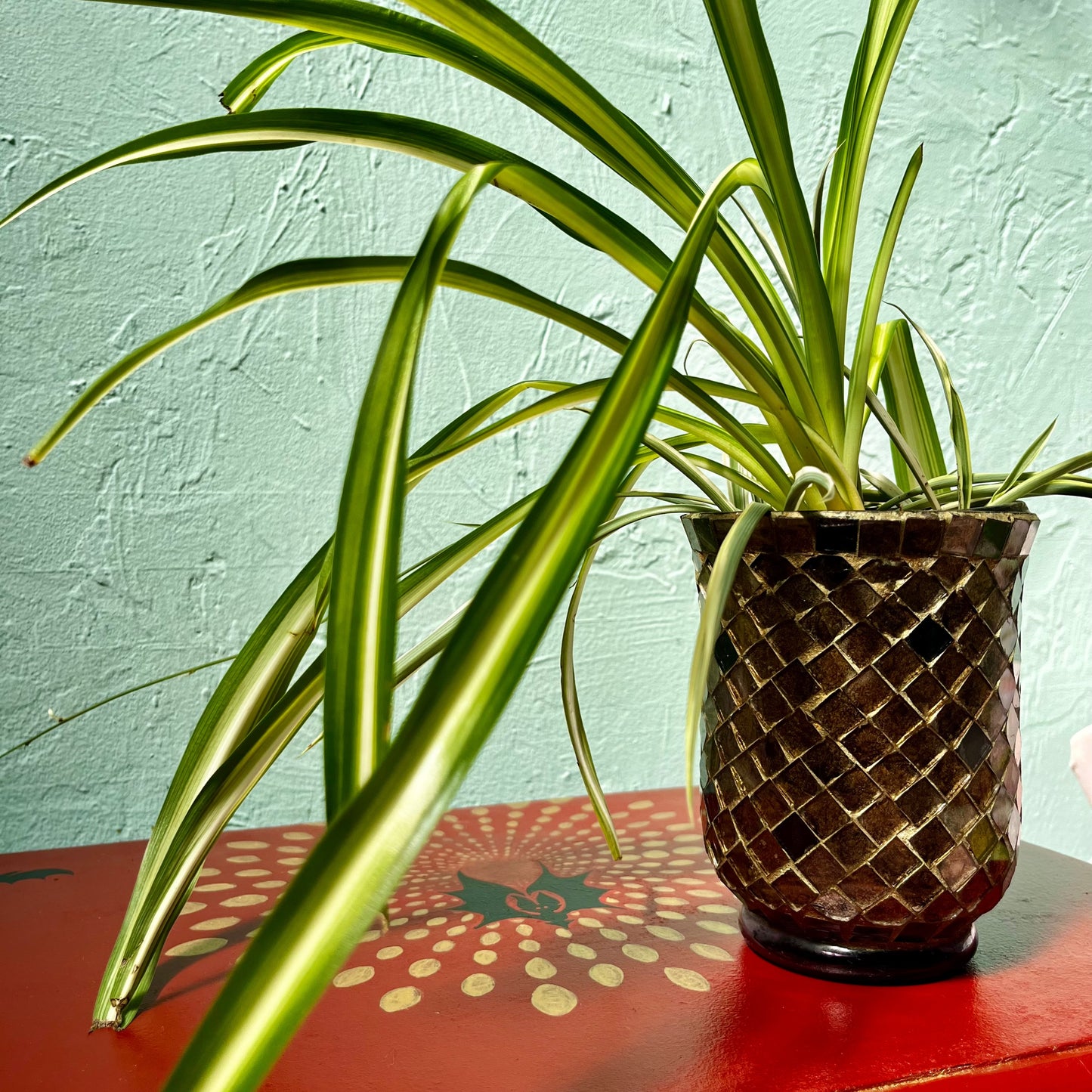 Whimsical Fall Decor: Tall Golden Mosaic Planter & Air-Purifying Spider Plant