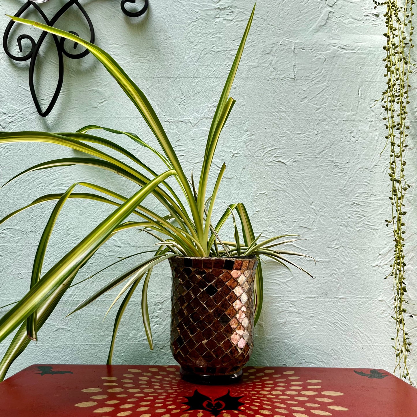 Whimsical Fall Decor: Tall Golden Mosaic Planter & Air-Purifying Spider Plant
