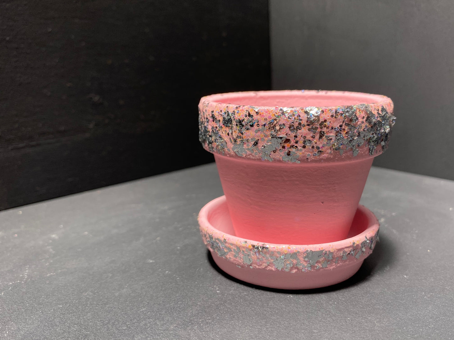 Small Matte Pink Sparkle Terra Cotta Pot and Saucer
