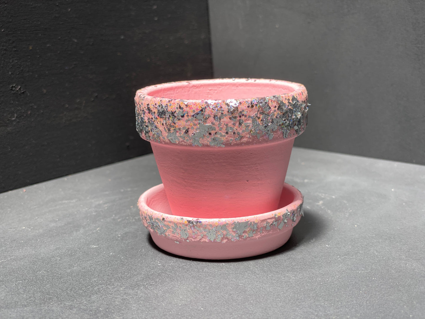 Small Matte Pink Sparkle Terra Cotta Pot and Saucer