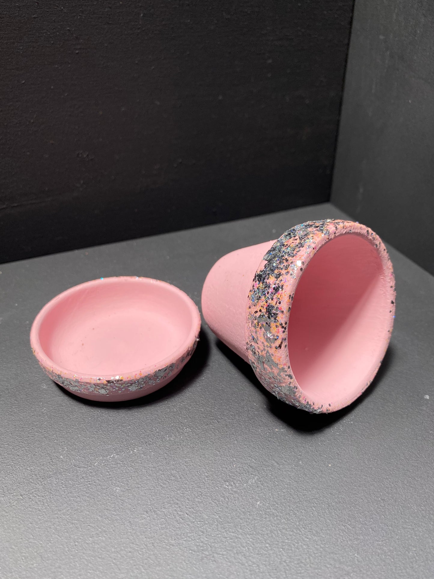 Small Matte Pink Sparkle Terra Cotta Pot and Saucer