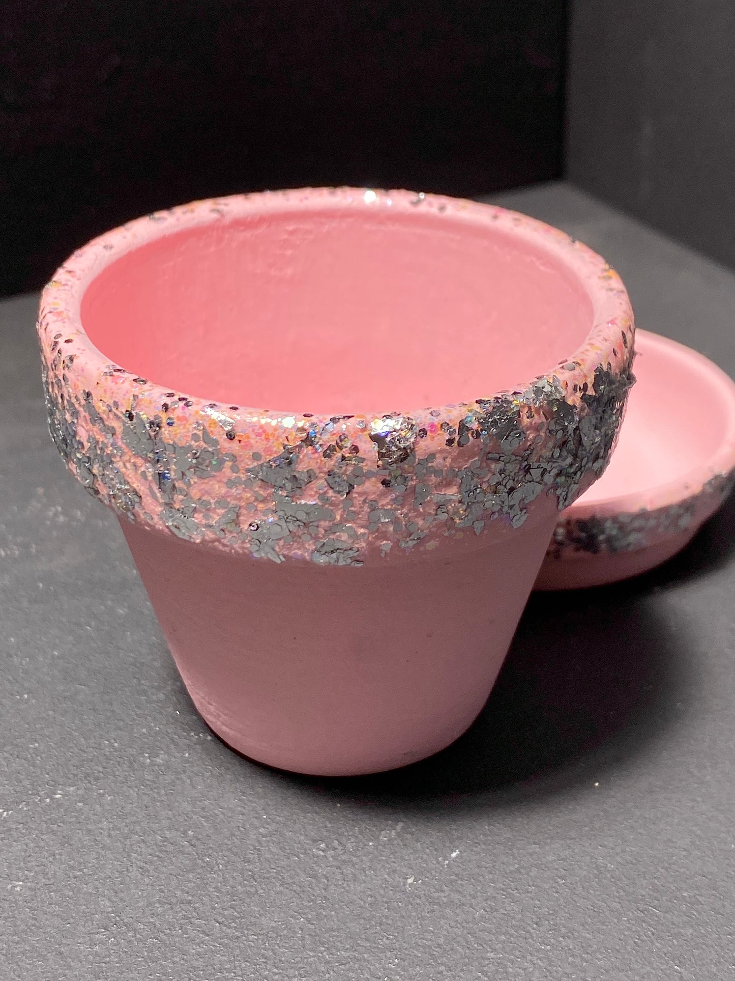 Small Matte Pink Sparkle Terra Cotta Pot and Saucer