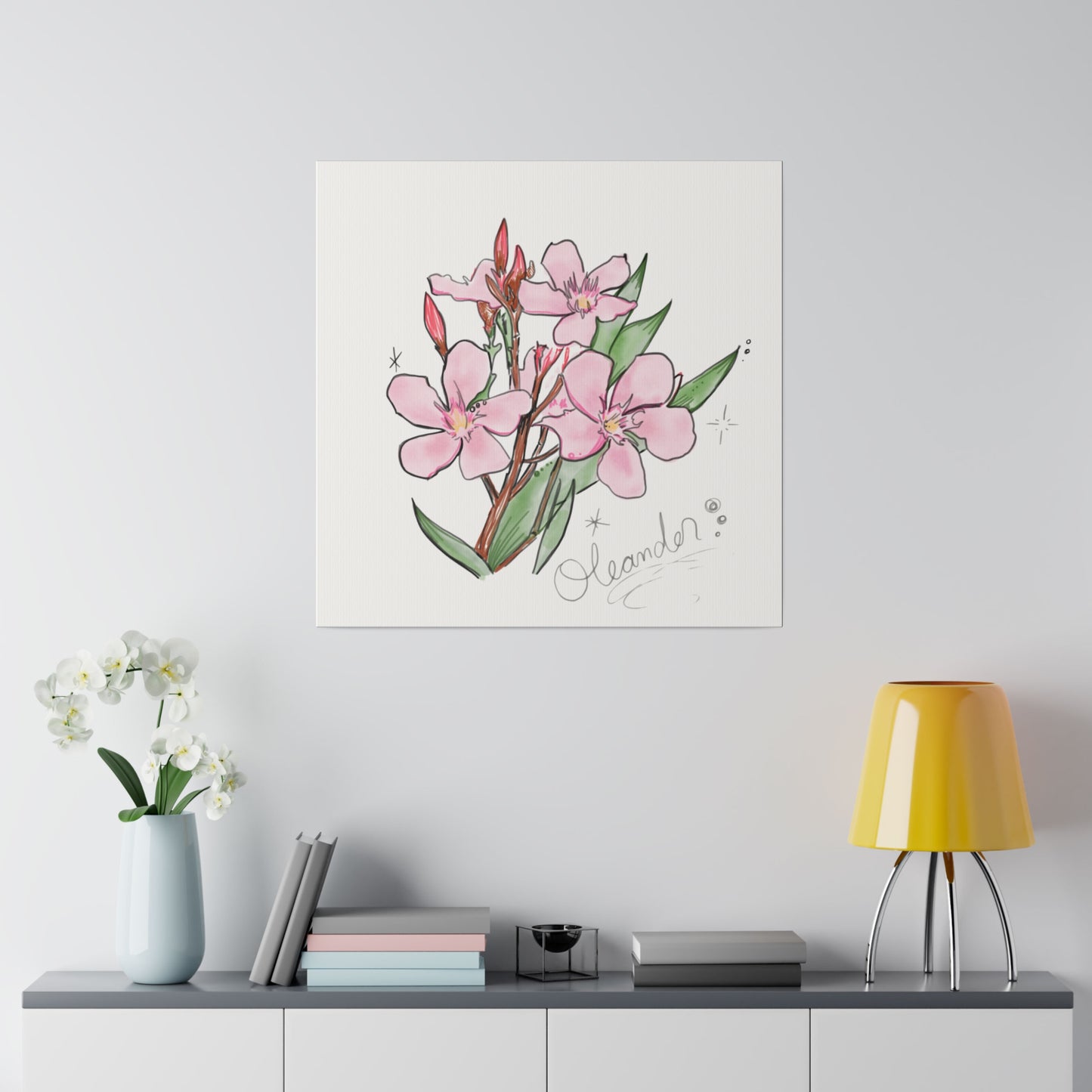 Pink Floral Oleander Watercolor inspired Illustration on Canvas