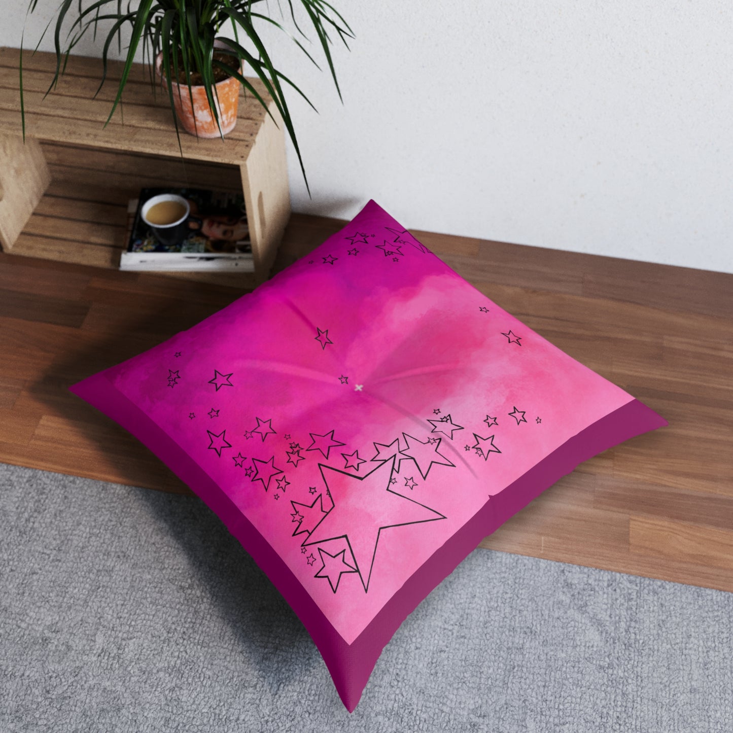 Pink Tufted  Square Floor Pillow with Star Illustration