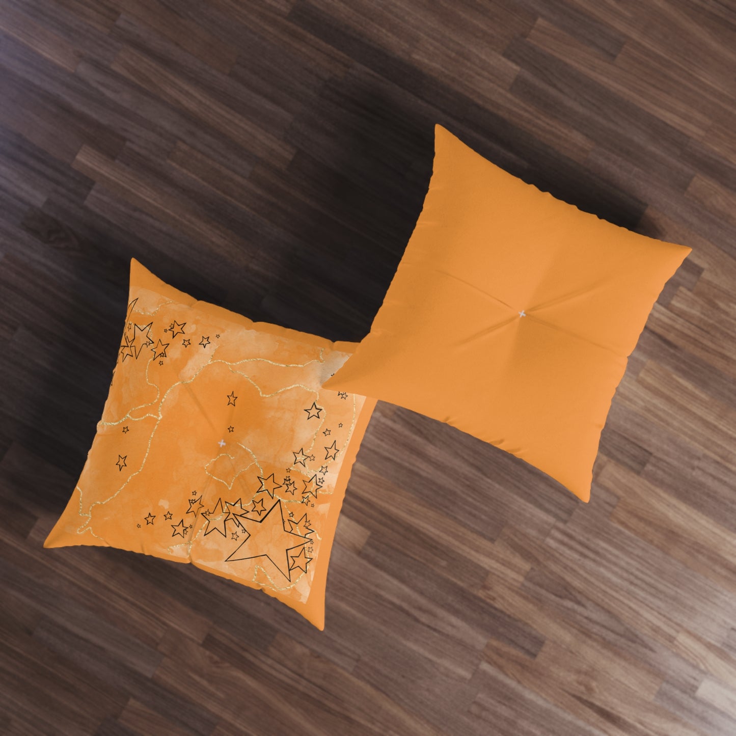 Orange Tufted  Square Floor Pillow with Star Illustration