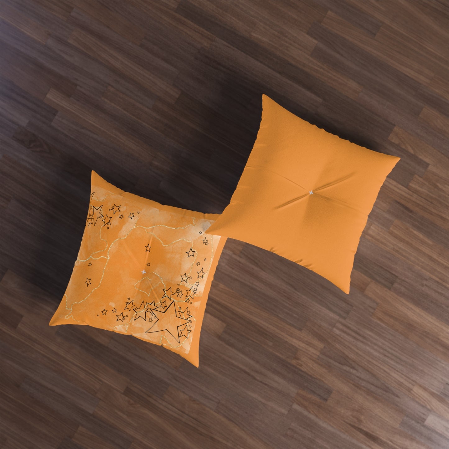 Orange Tufted  Square Floor Pillow with Star Illustration