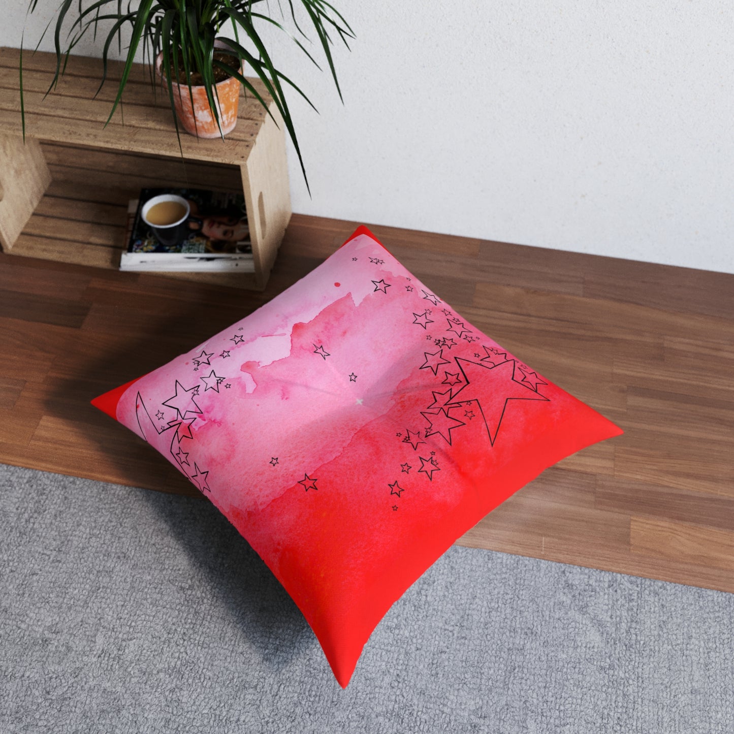 Red Tufted  Square Floor Pillow with Star Illustration