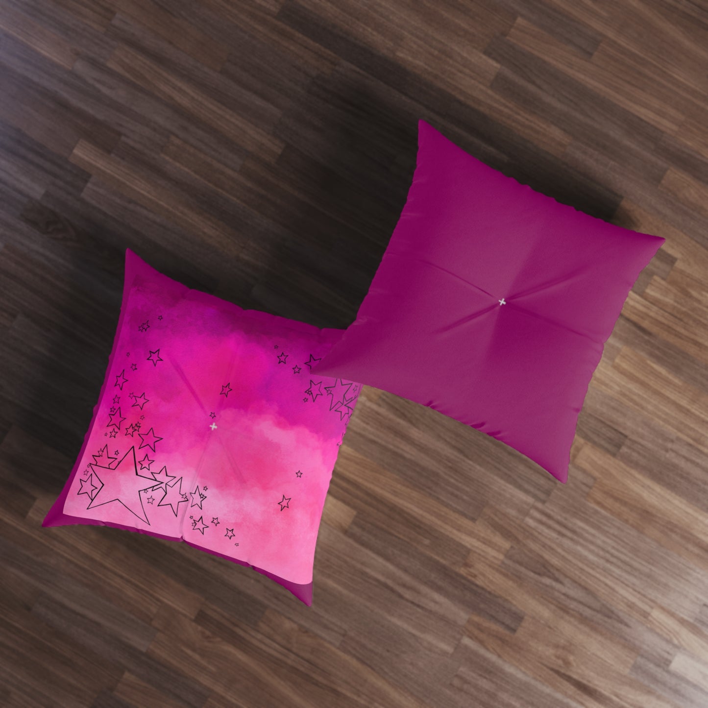 Pink Tufted  Square Floor Pillow with Star Illustration