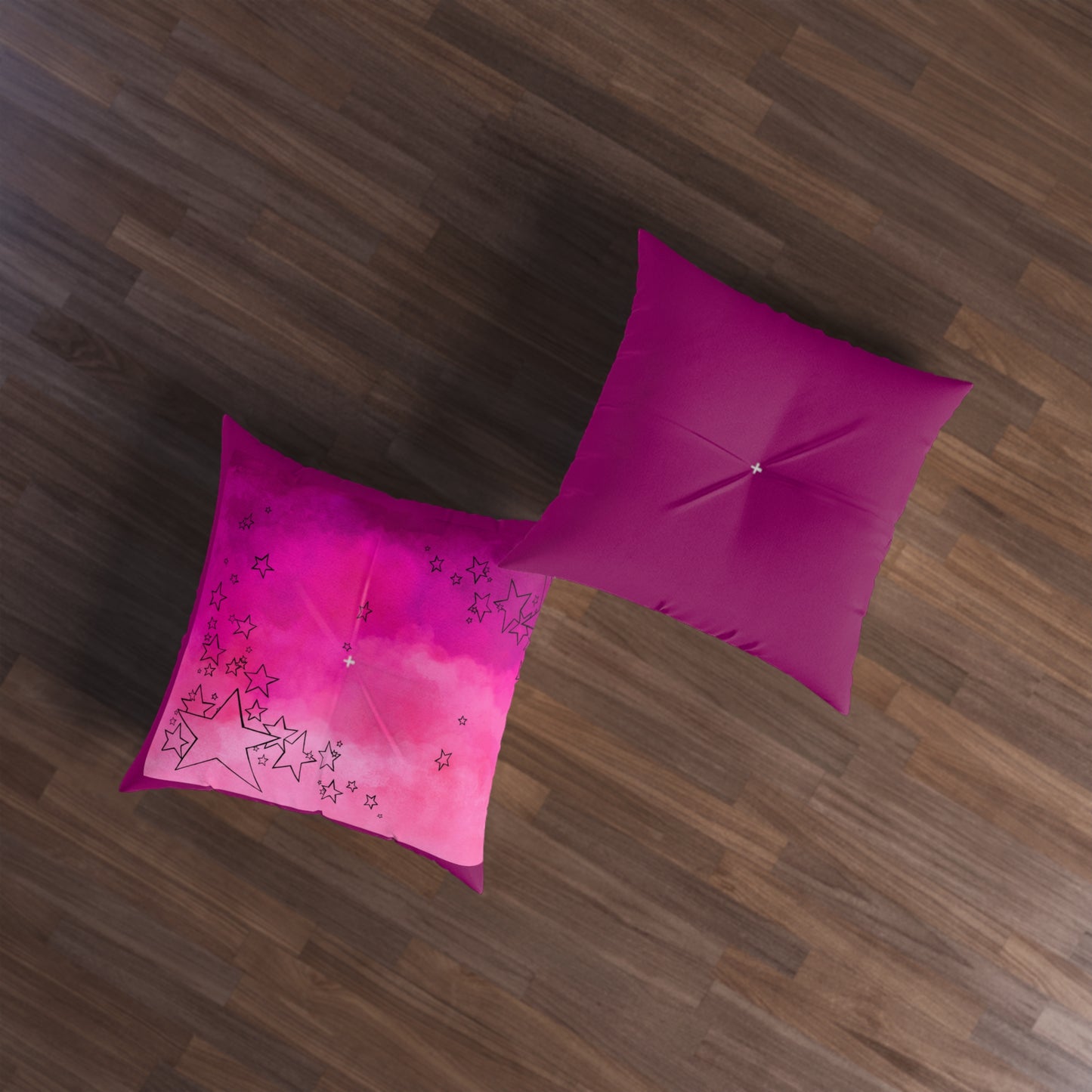 Pink Tufted  Square Floor Pillow with Star Illustration