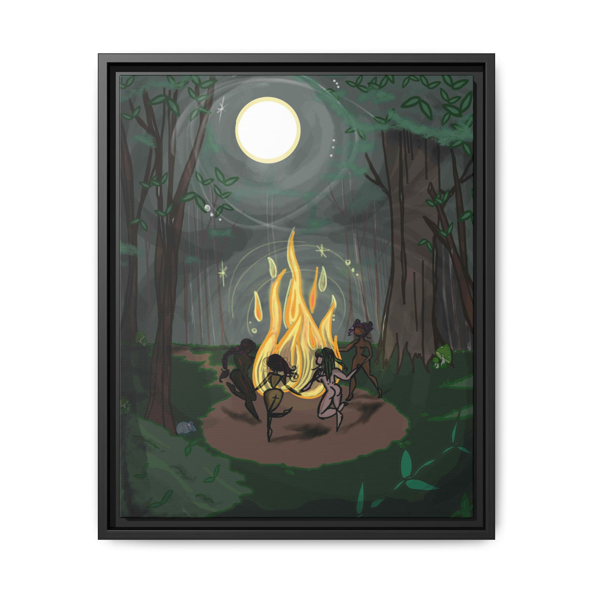 Full Moon Forest Coven Ritual Framed Print on Matte Canvas by Lauryn