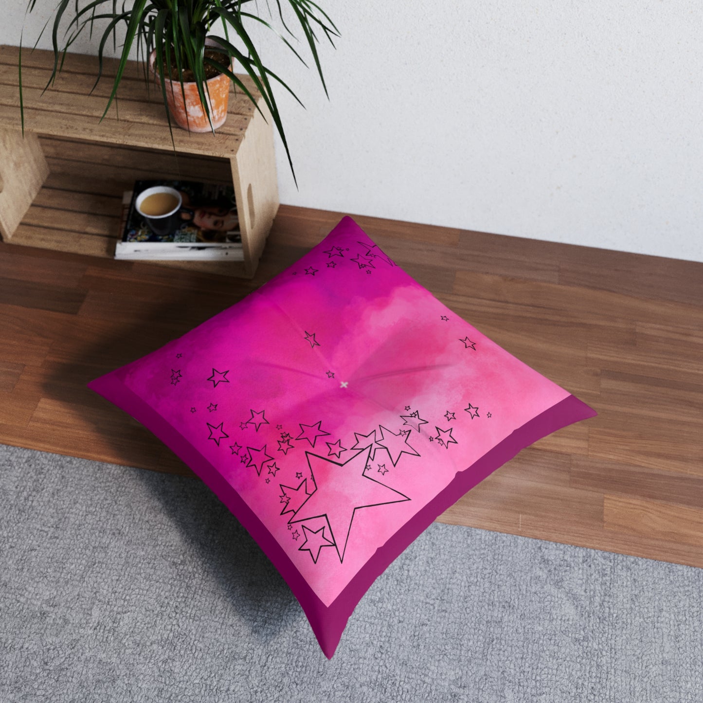 Pink Tufted  Square Floor Pillow with Star Illustration