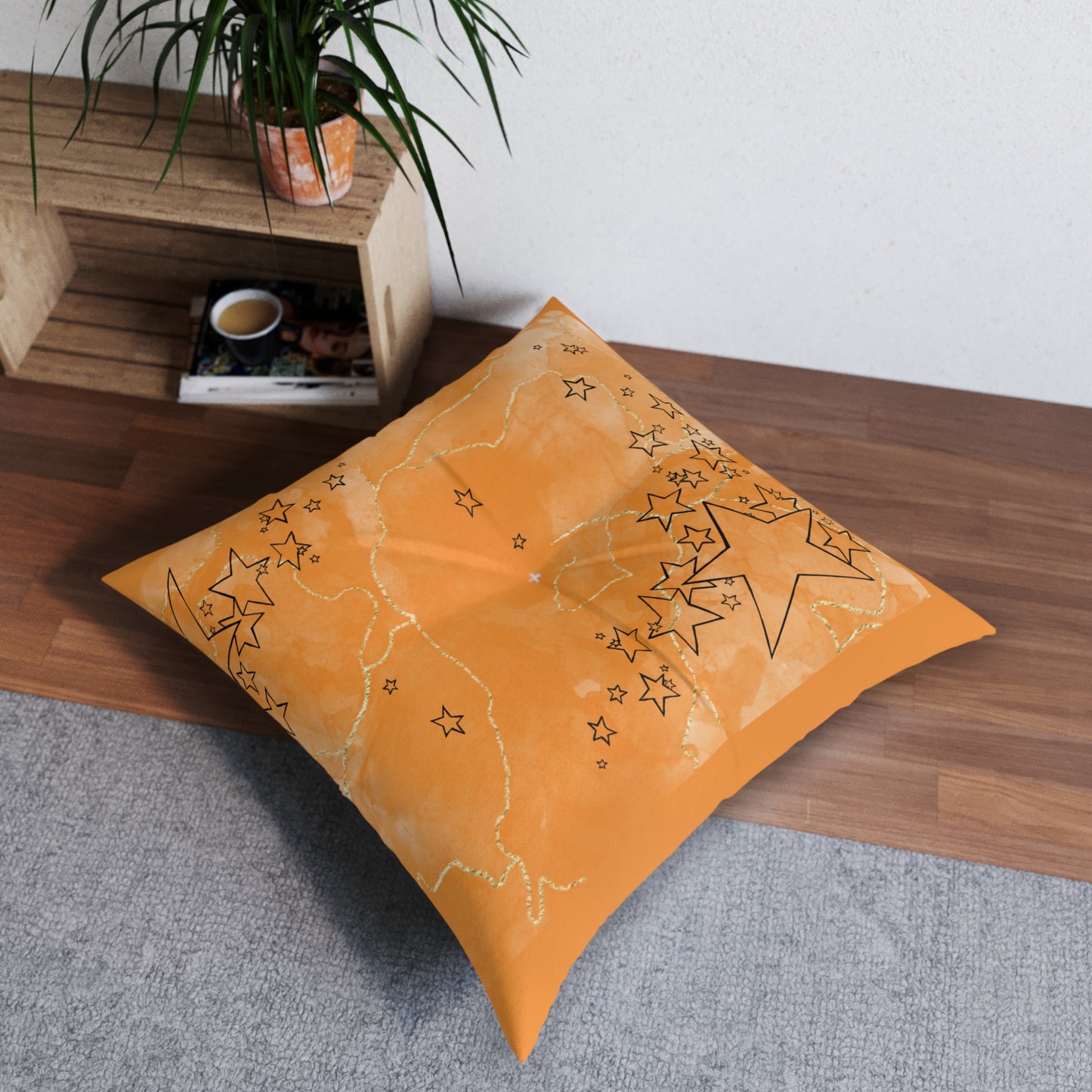 Orange Tufted  Square Floor Pillow with Star Illustration