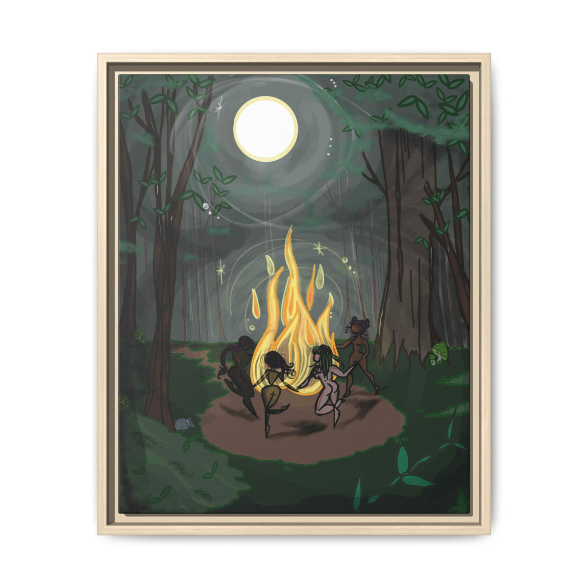 Full Moon Forest Coven Ritual Framed Print on Matte Canvas by Lauryn