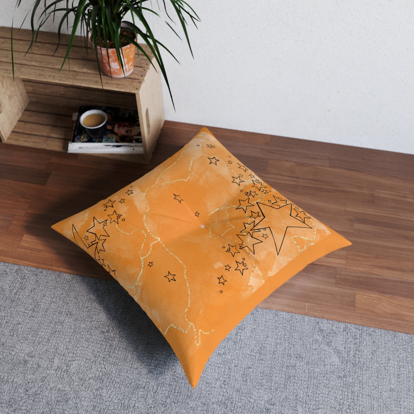 Orange Tufted  Square Floor Pillow with Star Illustration