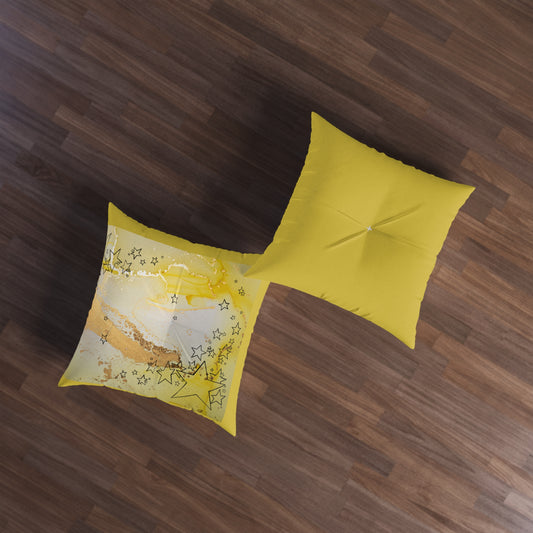 Golden Yellow Tufted  Square Floor Pillow with Star Illustration