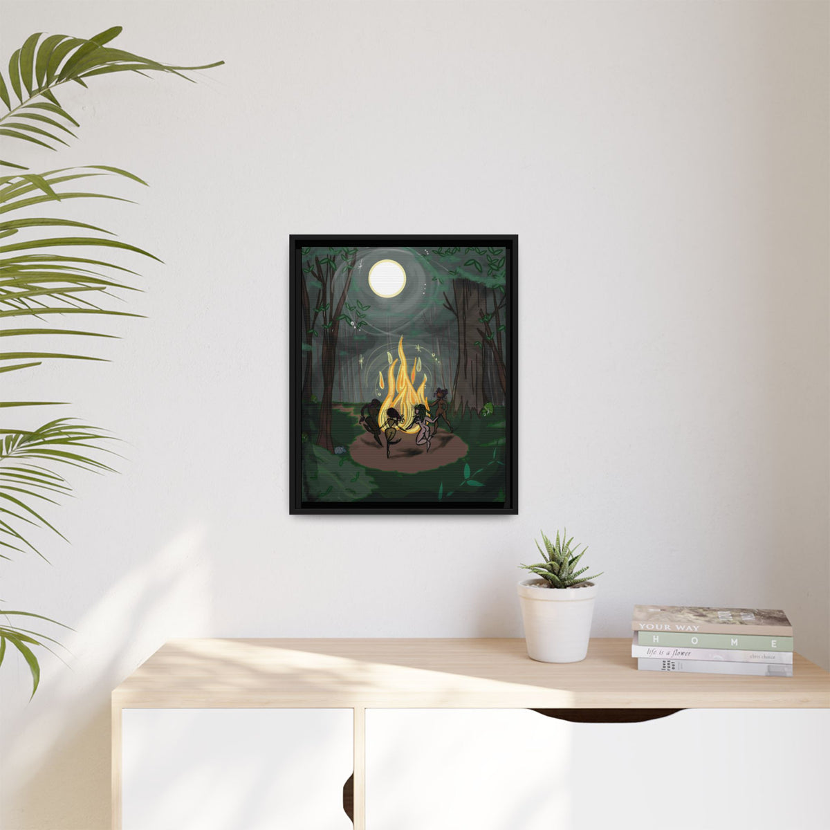 Full Moon Forest Coven Ritual Framed Print on Matte Canvas by Lauryn