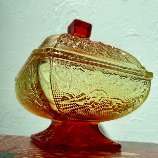 Amberina Acorns & Oak Vintage Jeannette Depression Glass 1950’s Candy Dish with Lid