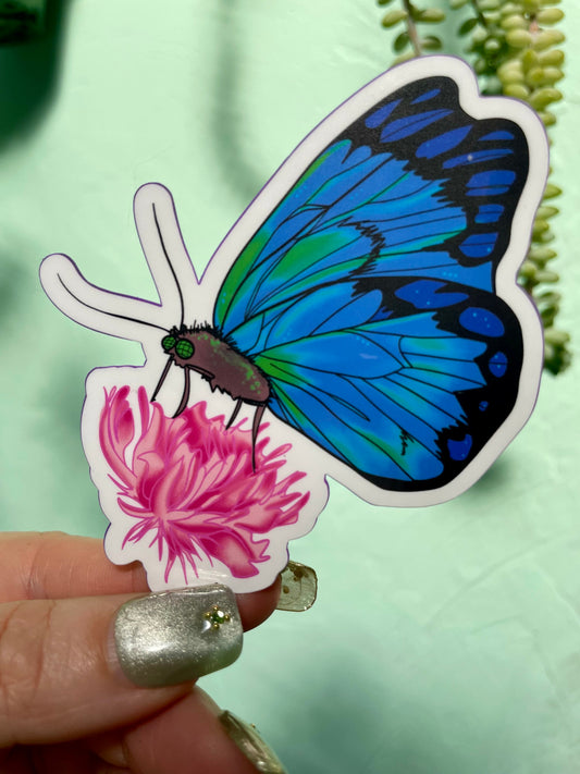 Blue Butterfly on Pink Flower Glossy Vinyl Sticker