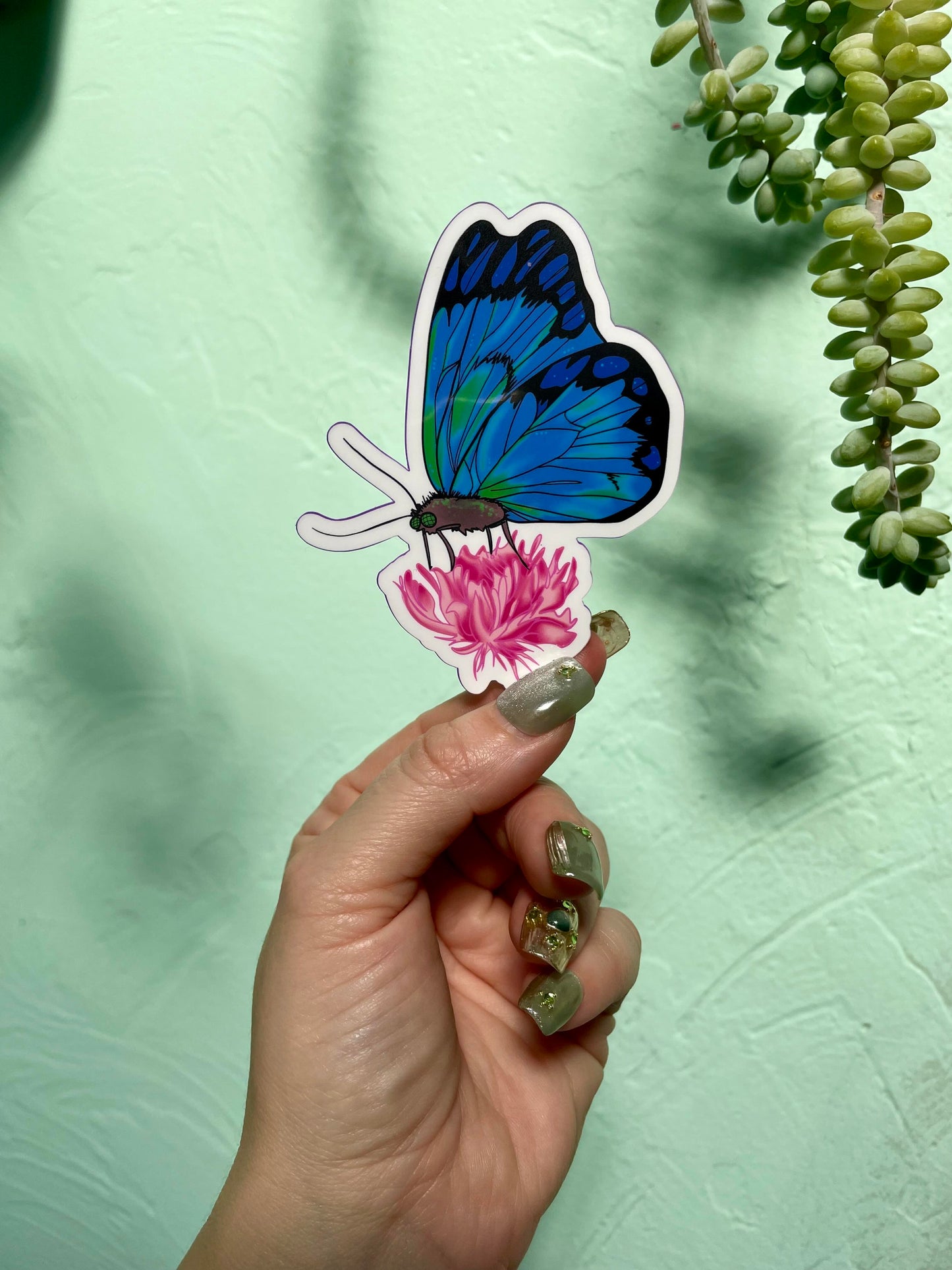 Blue Butterfly on Pink Flower Glossy Vinyl Sticker