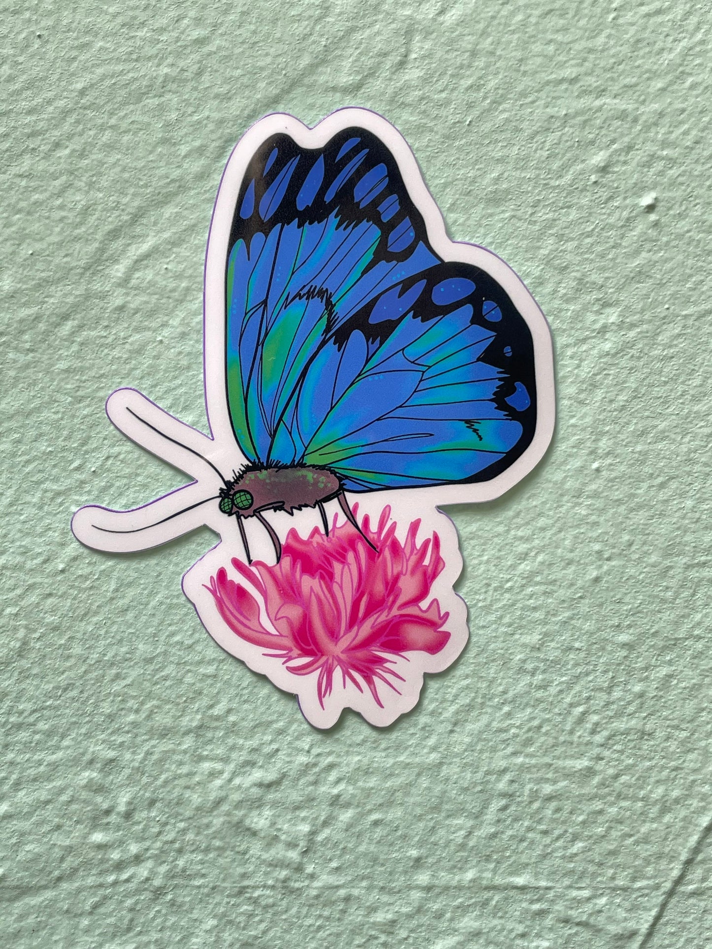 Blue Butterfly on Pink Flower Glossy Vinyl Sticker