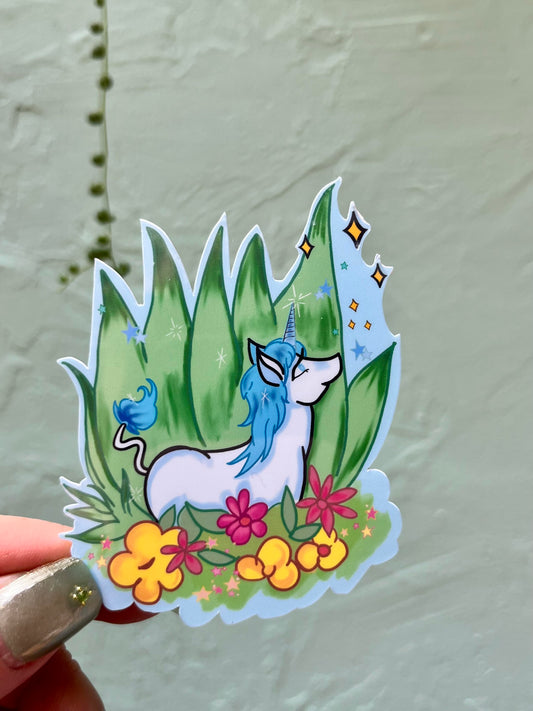 Blue Unicorn Resting Among the Flowers Glossy Sticker