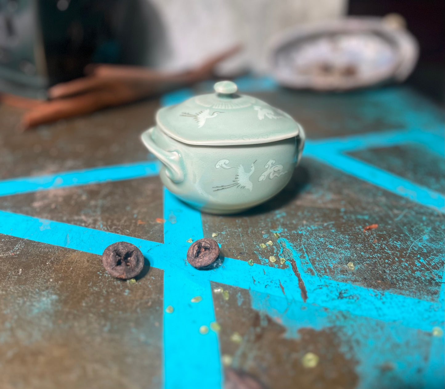 Vintage Korean Celadon Flying Crane Jar