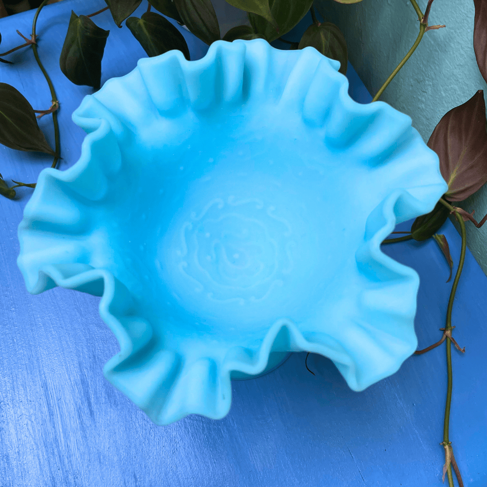 Fenton Blue Satin Milk Glass Persian Medallion Stemmed Chalice
