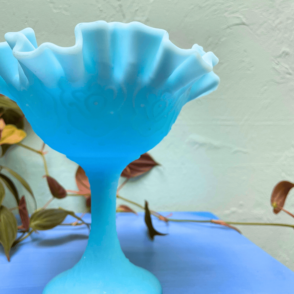 Fenton Blue Satin Milk Glass Persian Medallion Stemmed Chalice