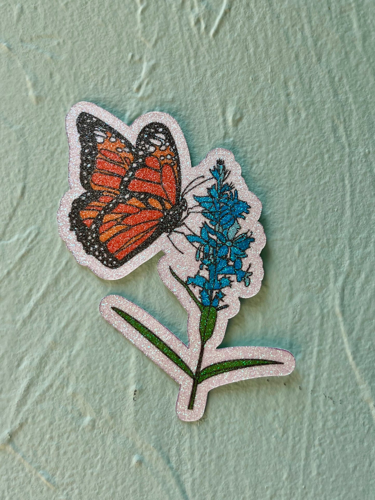 Monarch Butterfly on Blue Flower Glitter Sticker