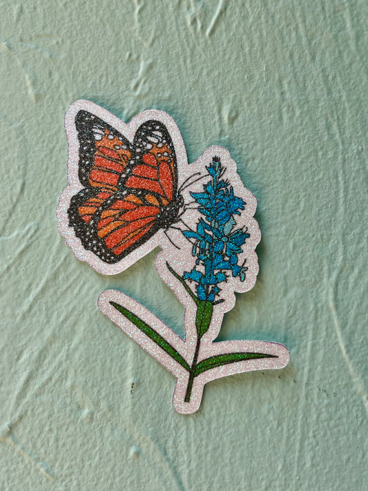 Monarch Butterfly on Blue Flower Glitter Sticker