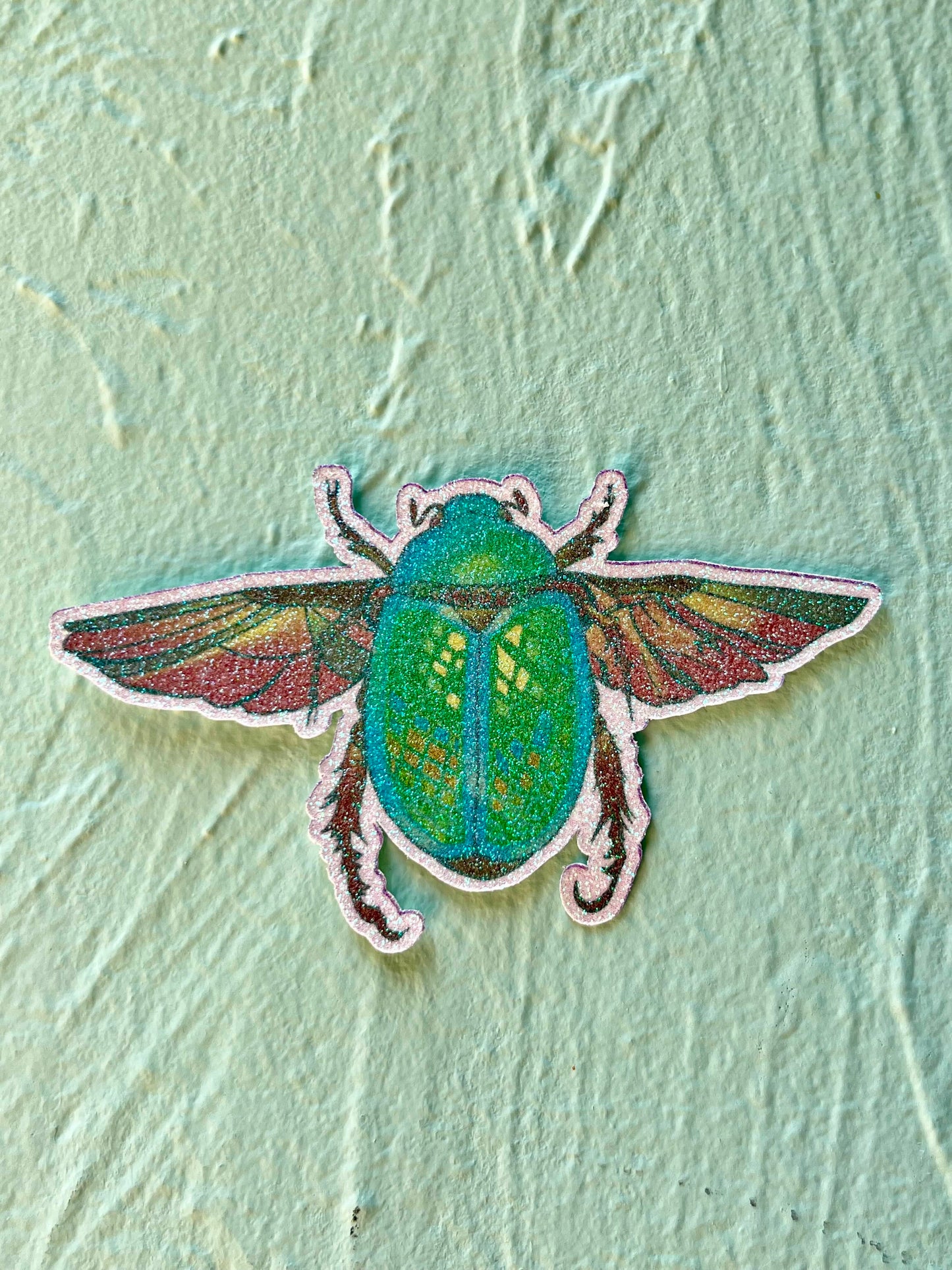 Glitter Green Scarab Beetle In Flight Sticker