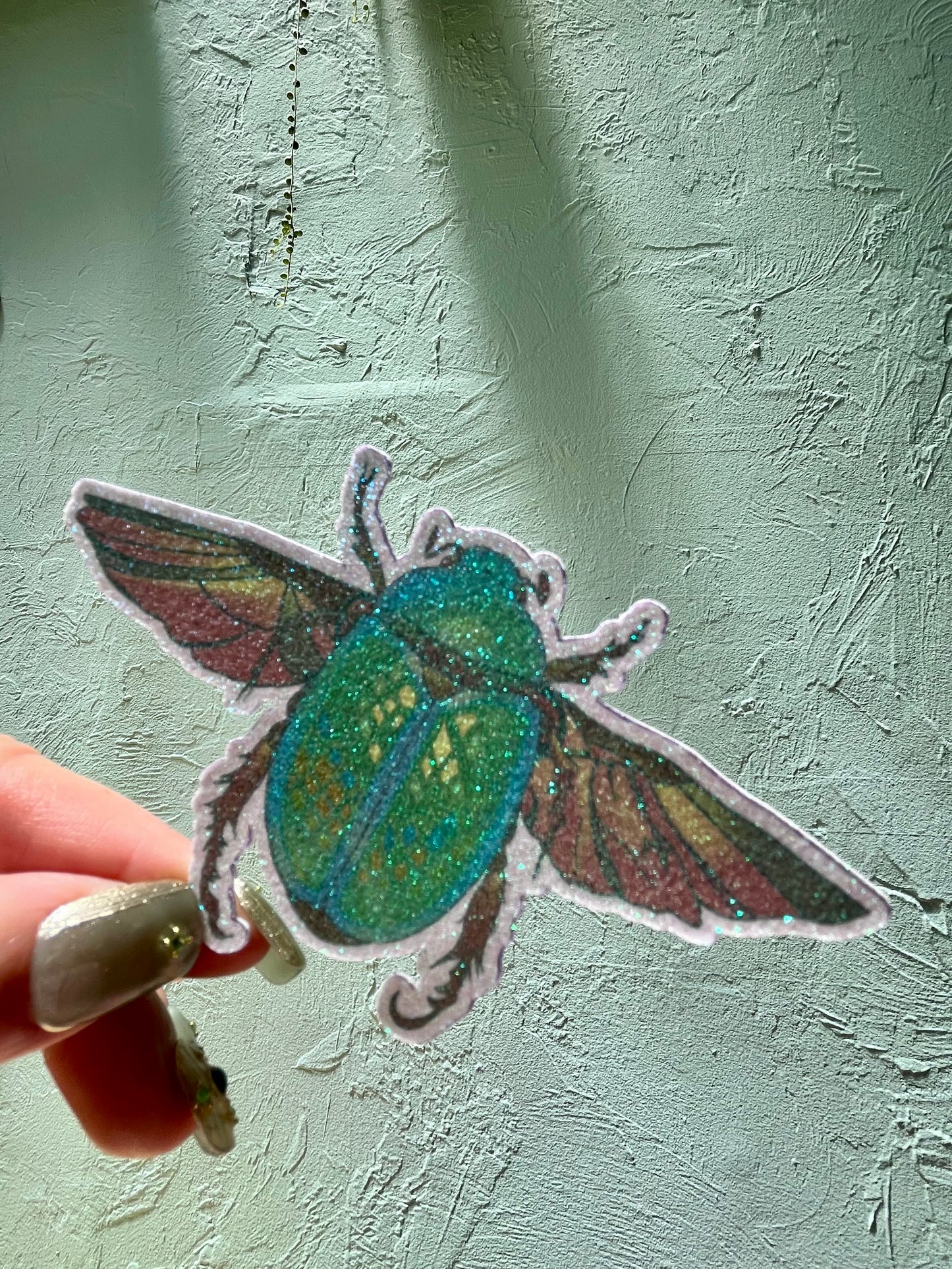 Glitter Green Scarab Beetle In Flight Sticker