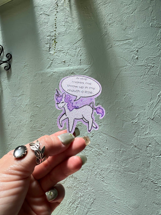 Anti-Ai Slop Purple Unicorn Glitter Sticker