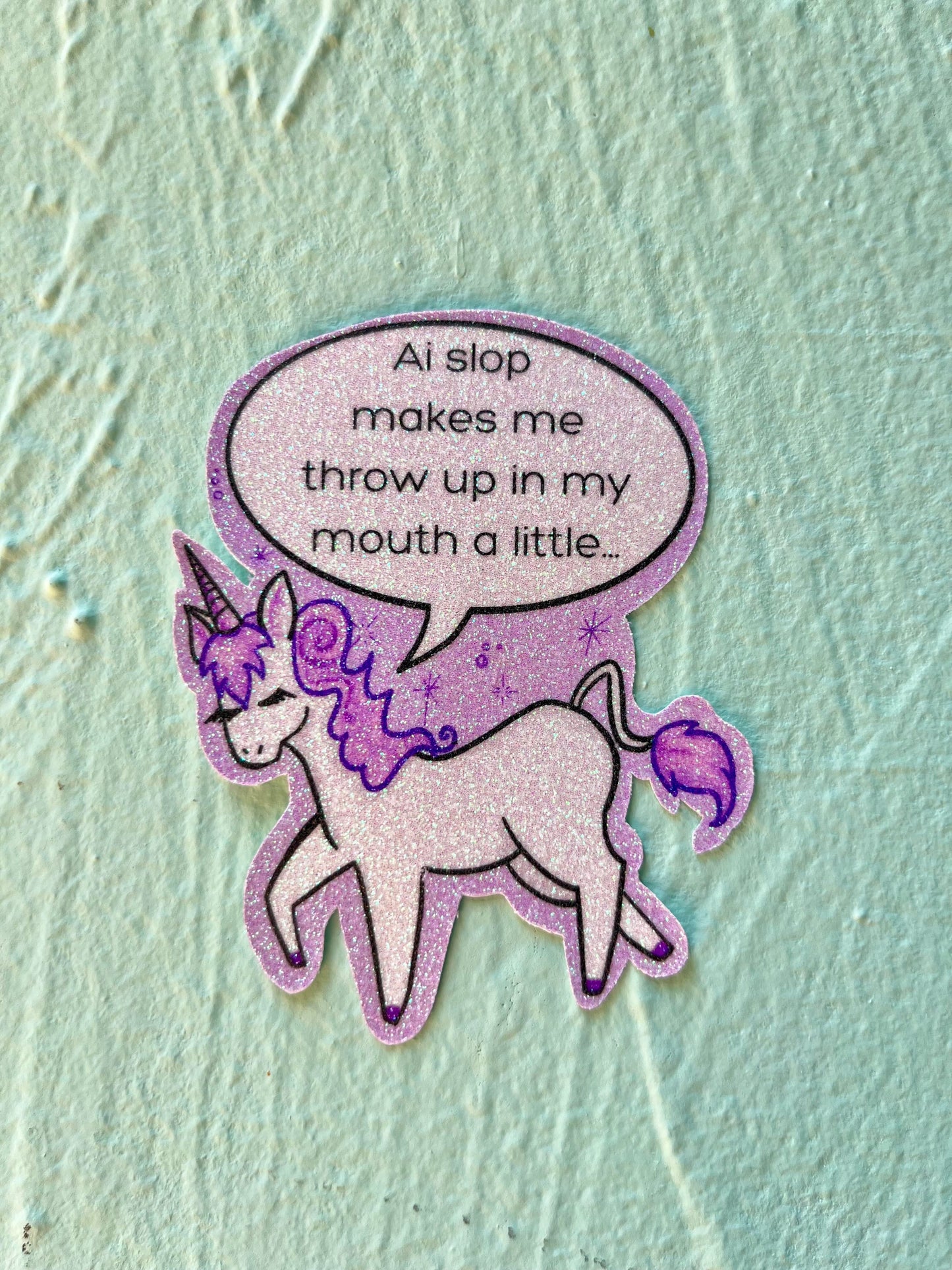 Anti-Ai Slop Purple Unicorn Glitter Sticker