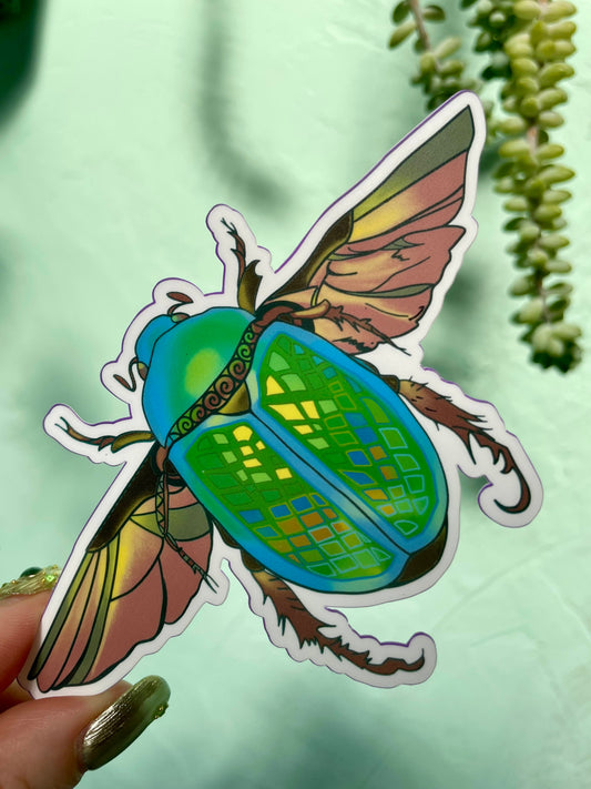Green Scarob Beetle In Flight Glossy Water resistant Vinyl Sticker