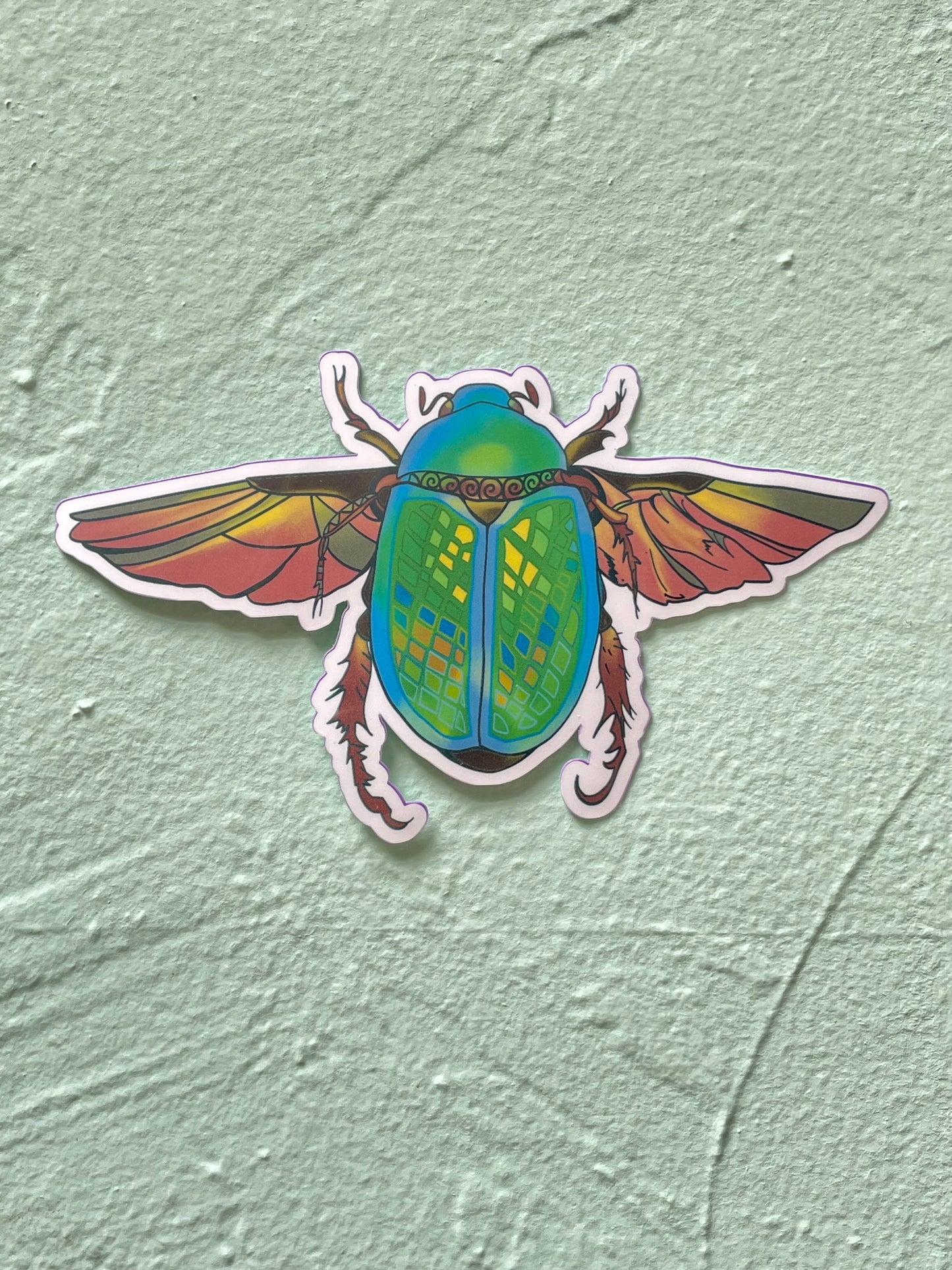 Green Scarob Beetle In Flight Glossy Water resistant Vinyl Sticker