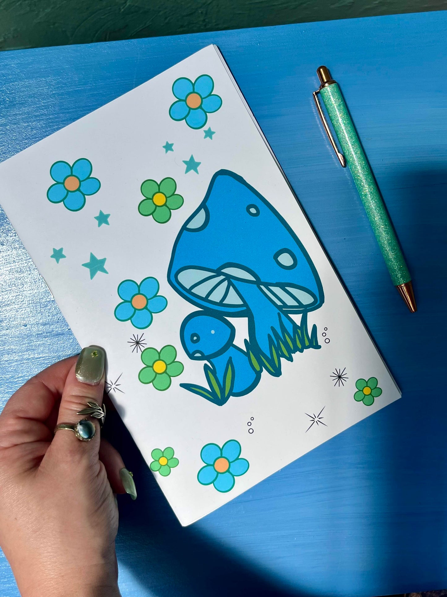 Blue and Green Groovy Shrooms Zine Style Lined Notebook