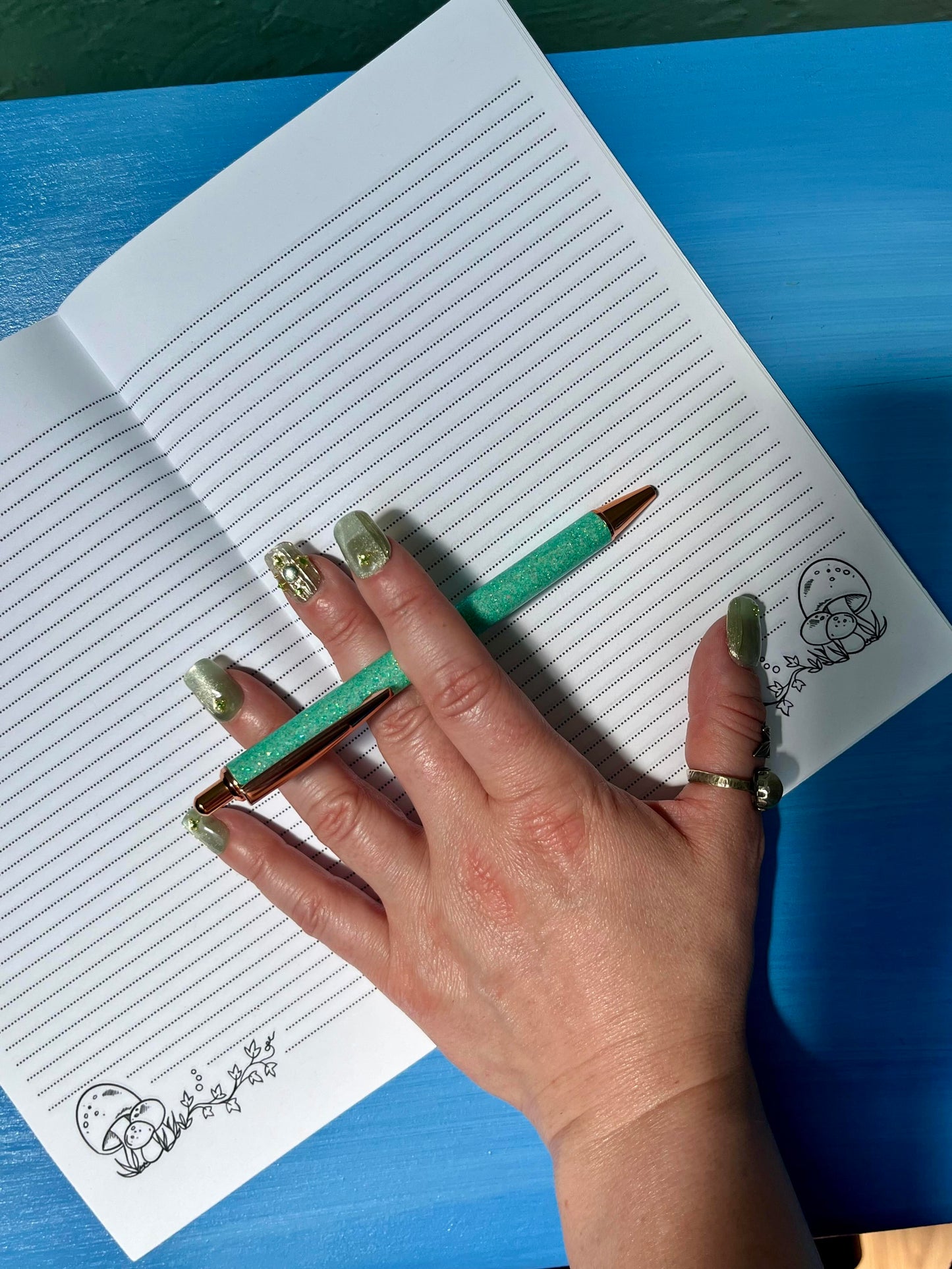 Blue and Green Groovy Shrooms Zine Style Lined Notebook