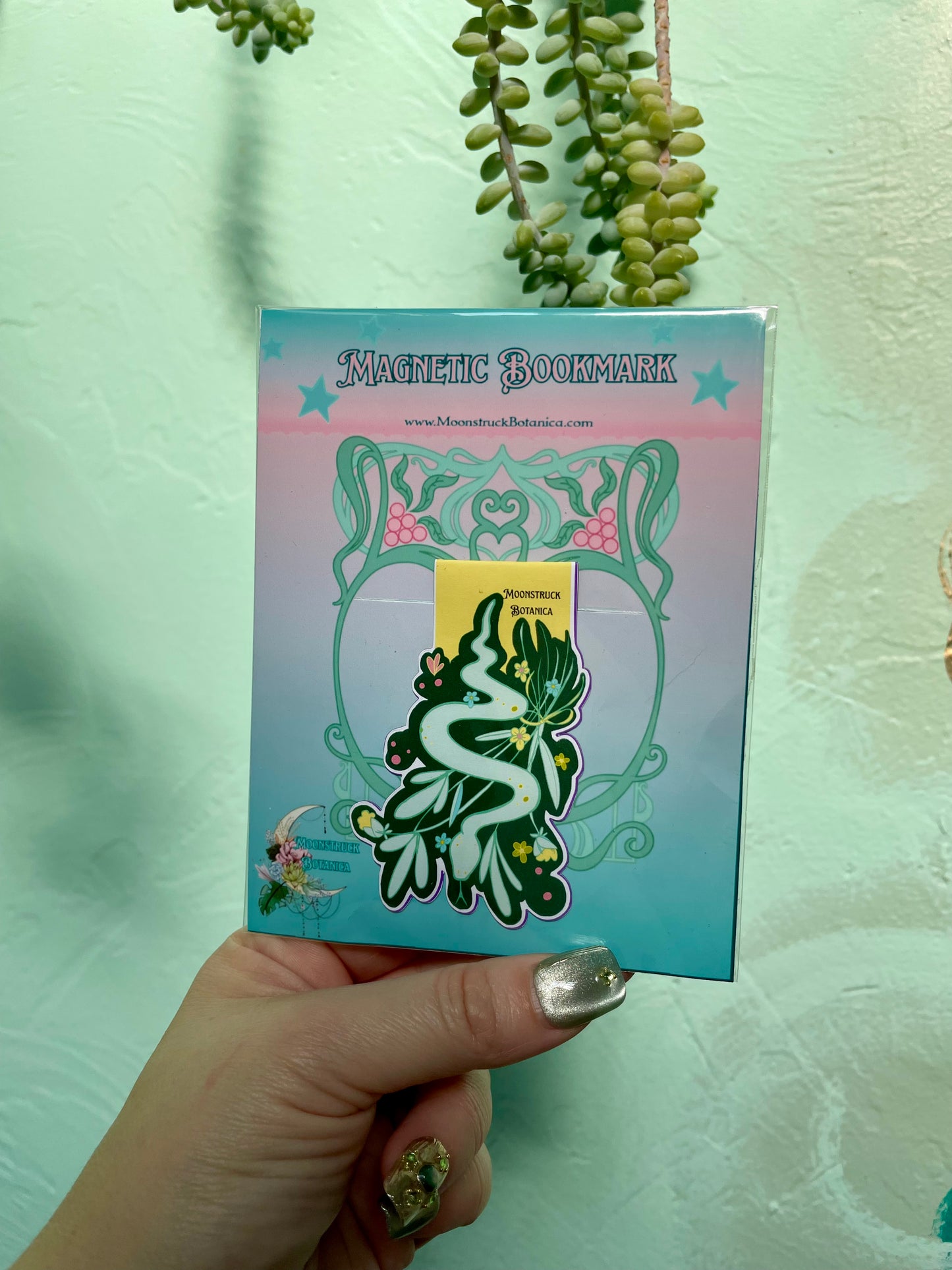 Green Floral Snake Motif Magnetic Bookmark