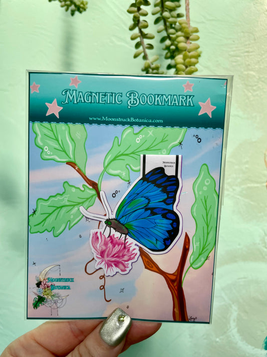 Cerulean Blue Butterfly Resting on a Pink Flower Magnetic Bookmark