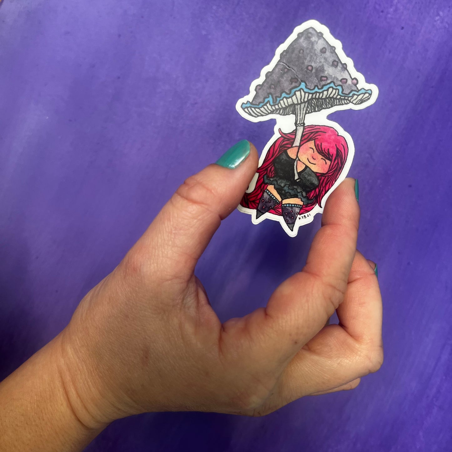 Cute Magenta Pixie with Mushroom Umbrella Vinyl Sticker