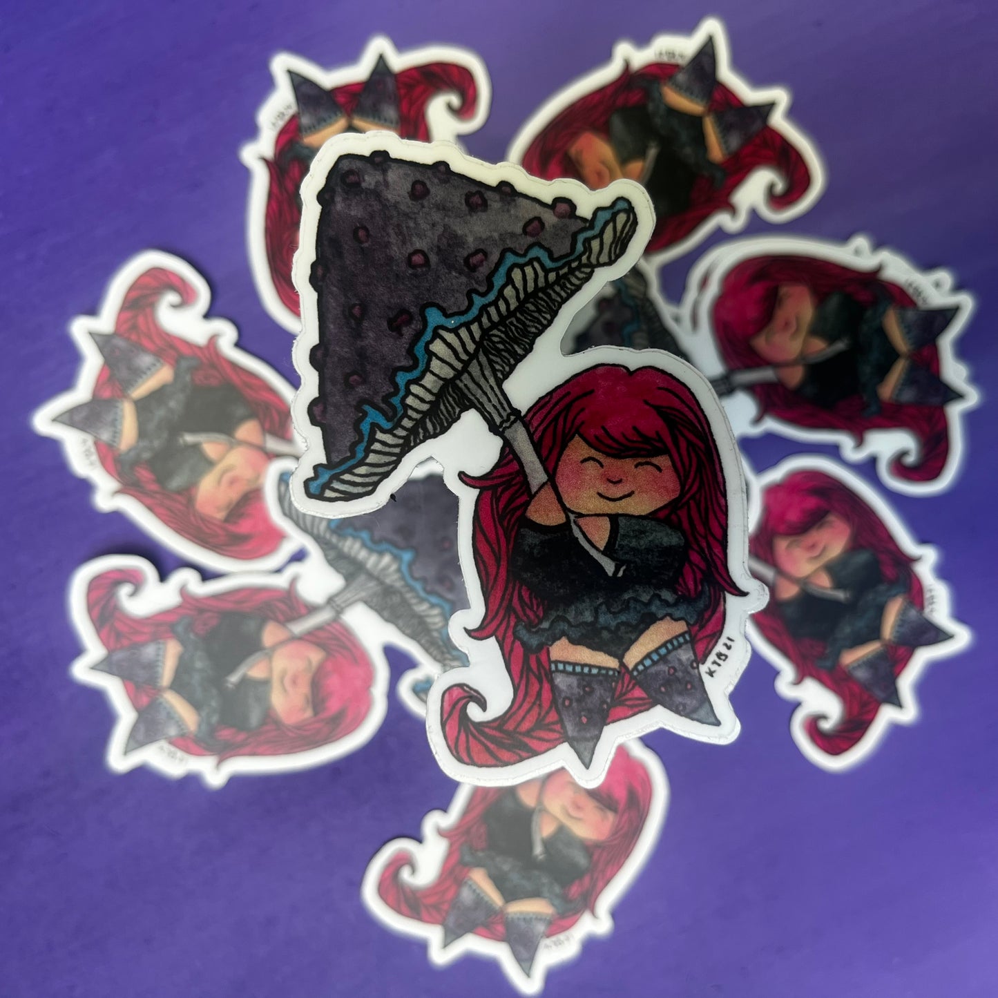 Cute Magenta Pixie with Mushroom Umbrella Vinyl Sticker